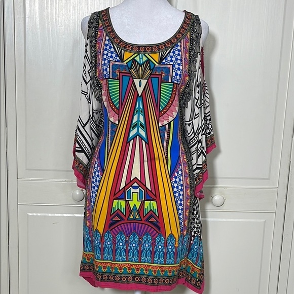 Flying Tomato Tops - Flying Tomato Women's Aztec Print Cold Shoulder Tunic Top Mini Dress Sz M